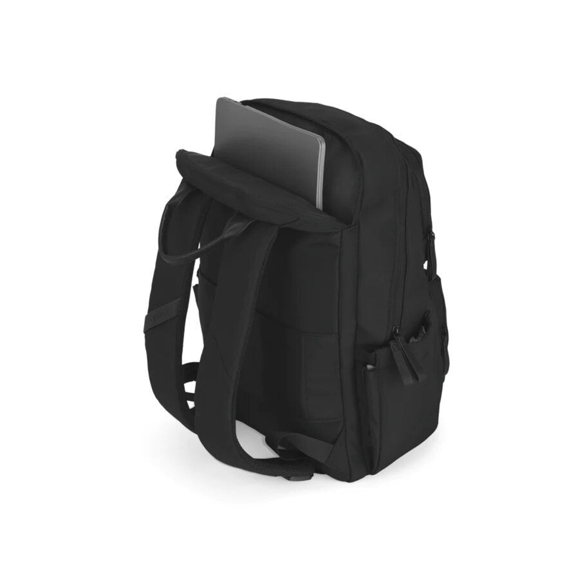 Black backpack with a laptop compartment on a white background
