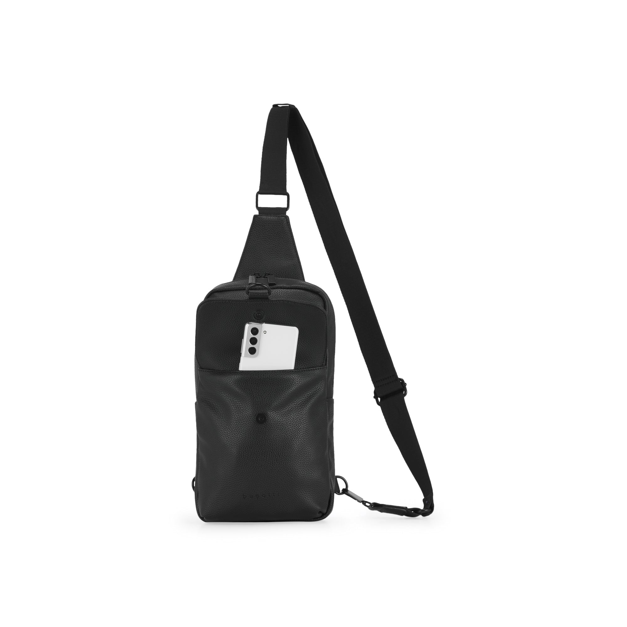 Black sling bag with a strap on a white background