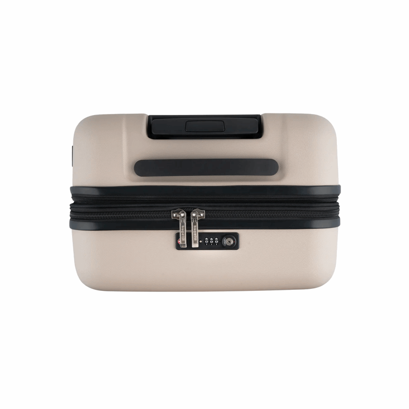 Beige suitcase with black zipper on a white background