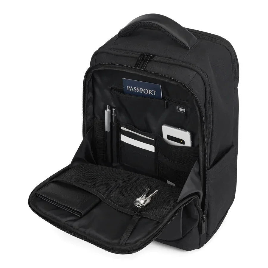 Black backpack with compartments and a passport holder on a white background