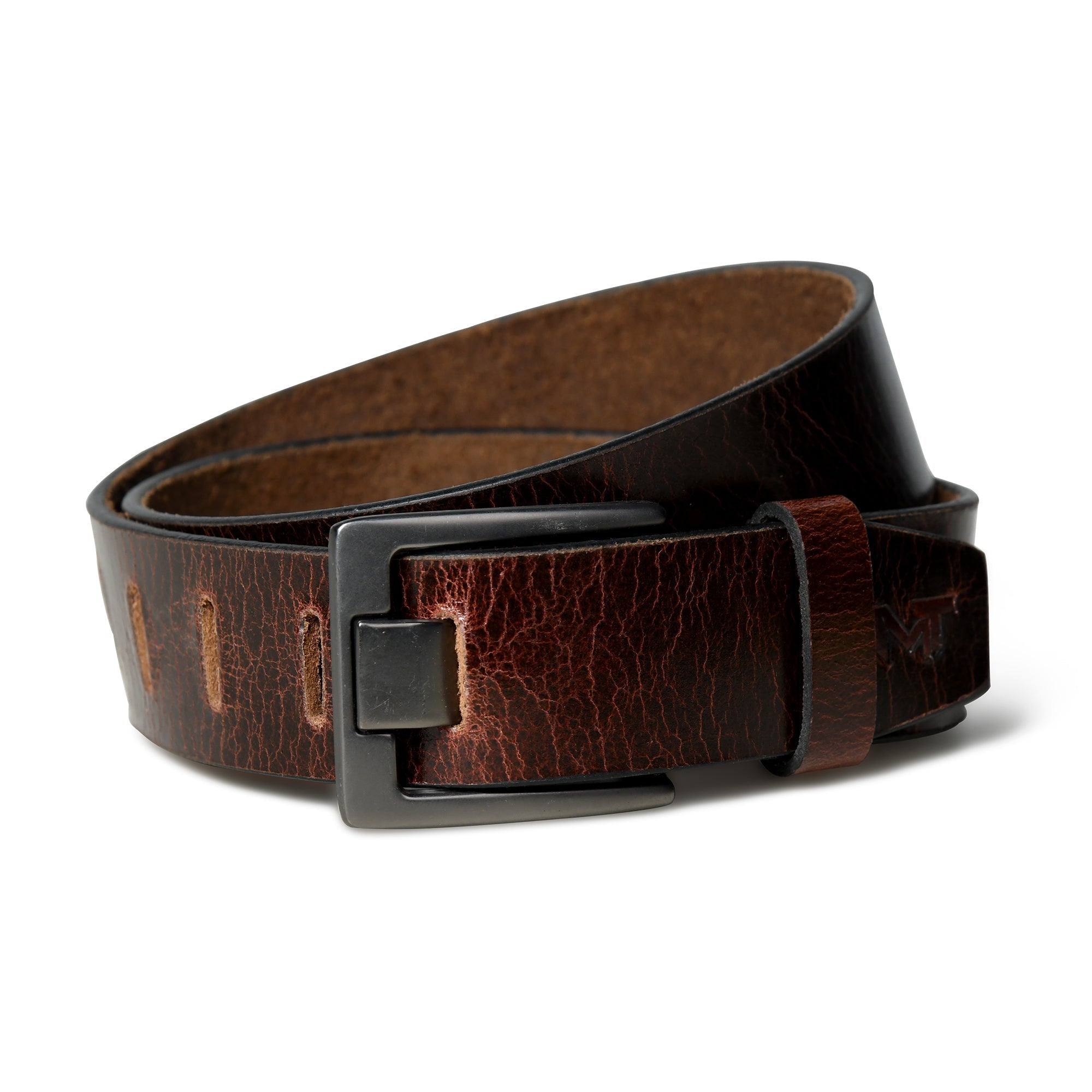Brown leather belt with a silver buckle on a white background
