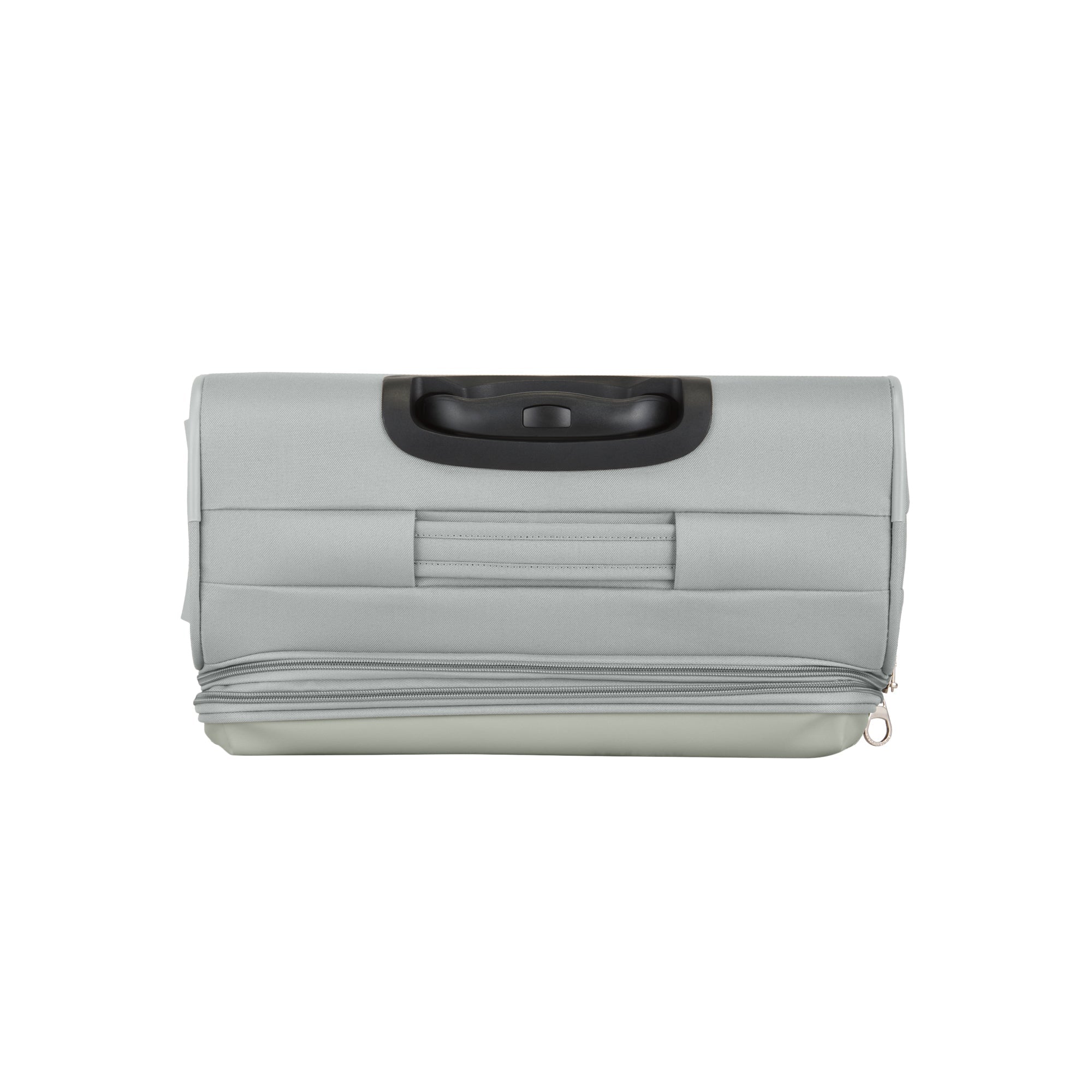 Gray suitcase with a black handle on a white background