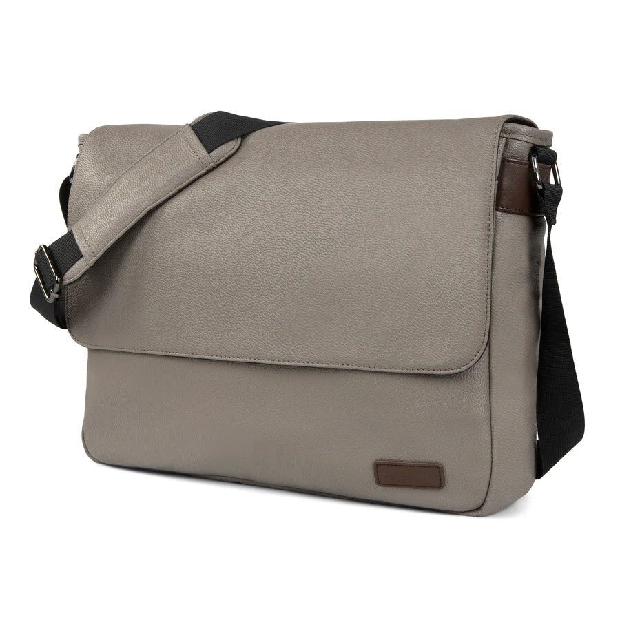 Beige shoulder bag with a brown patch on a white background