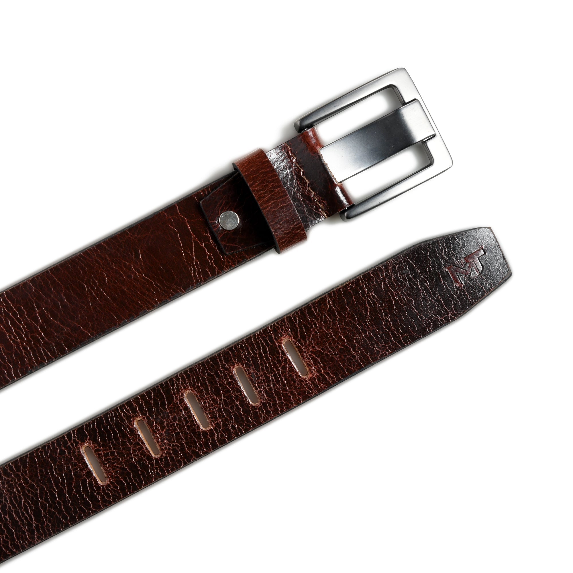 Brown leather belt with a silver buckle on a white background