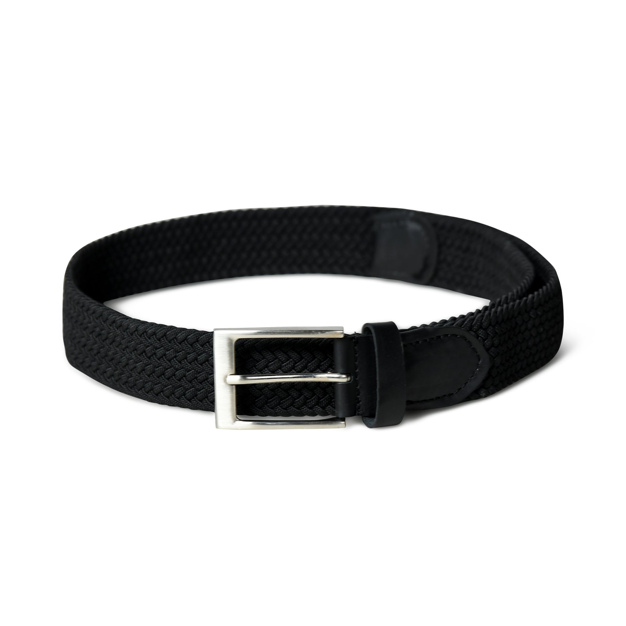 Black woven belt with a silver buckle on a white background