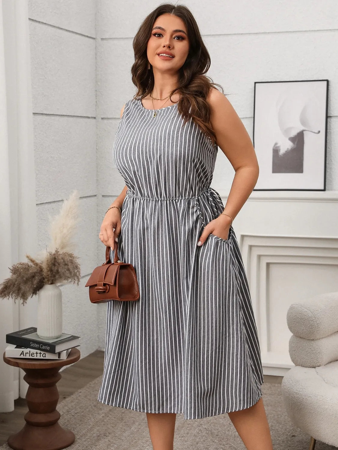 Plus Size Striped Round Neck Sleeveless Dress