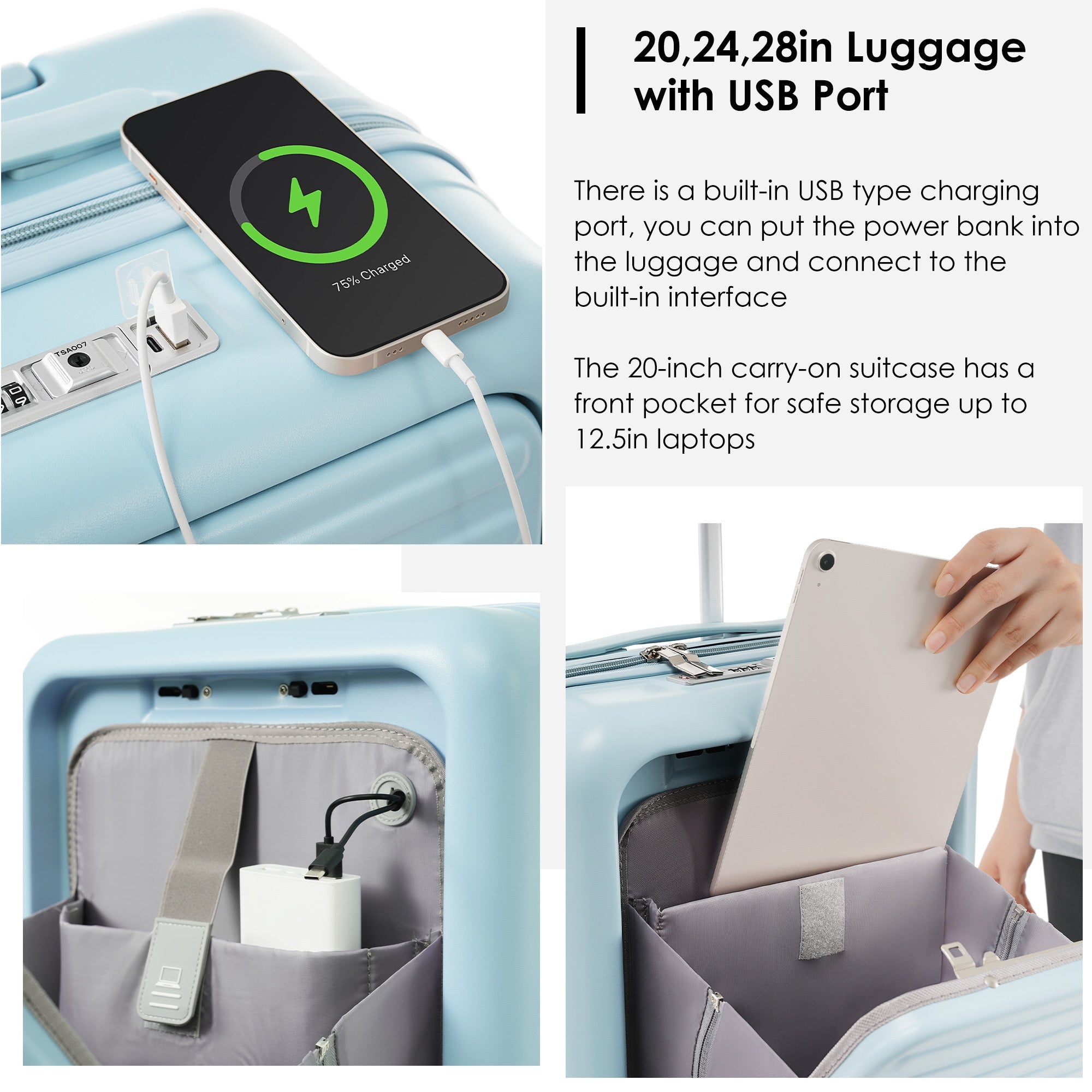 Luggage Set of 4, 20, 24, 28inch with USB Port, 20, 24inch with front