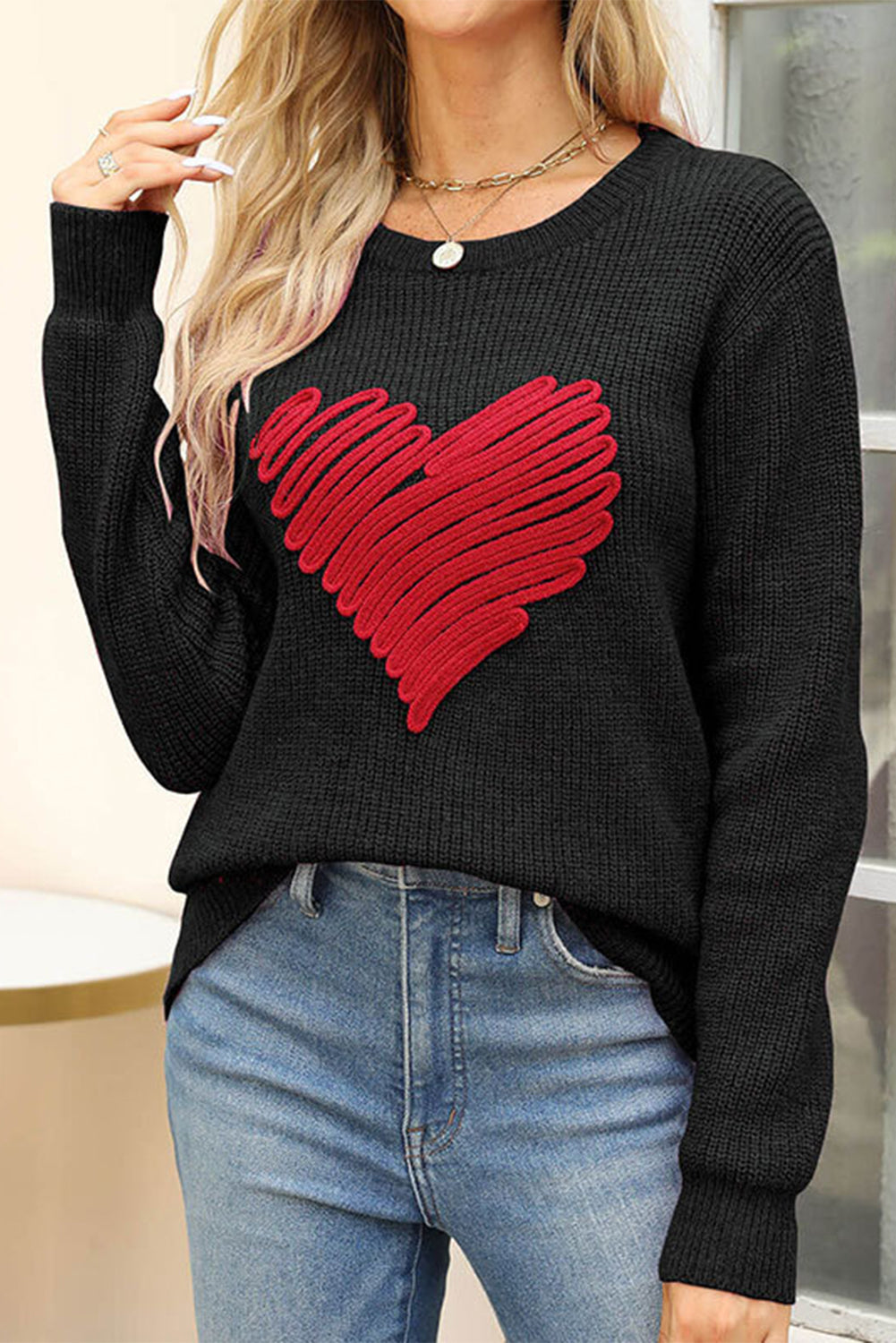 Black Valentines Heart Sketch Round Neck Sweater