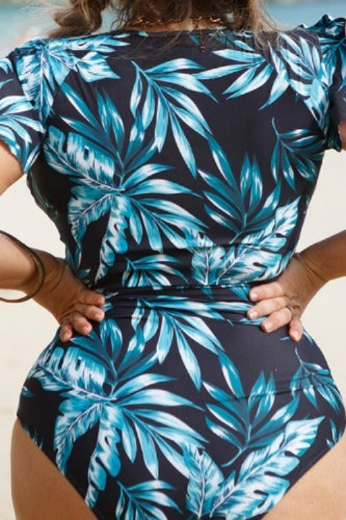 Botanical Print Zip-Up One-Piece Swimsuit