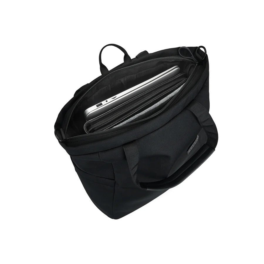 Black backpack with a laptop compartment on a white background