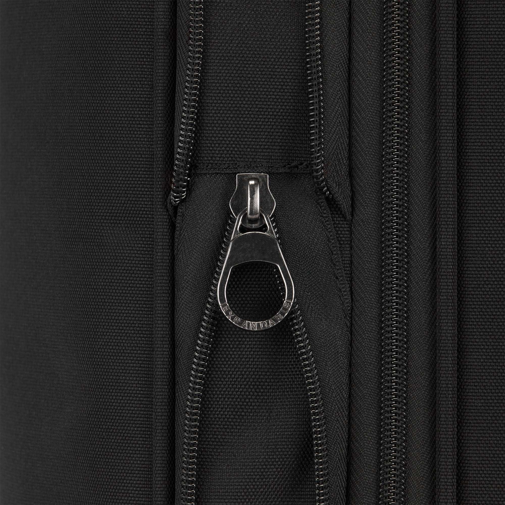 Close-up of a black zipper on a black bag