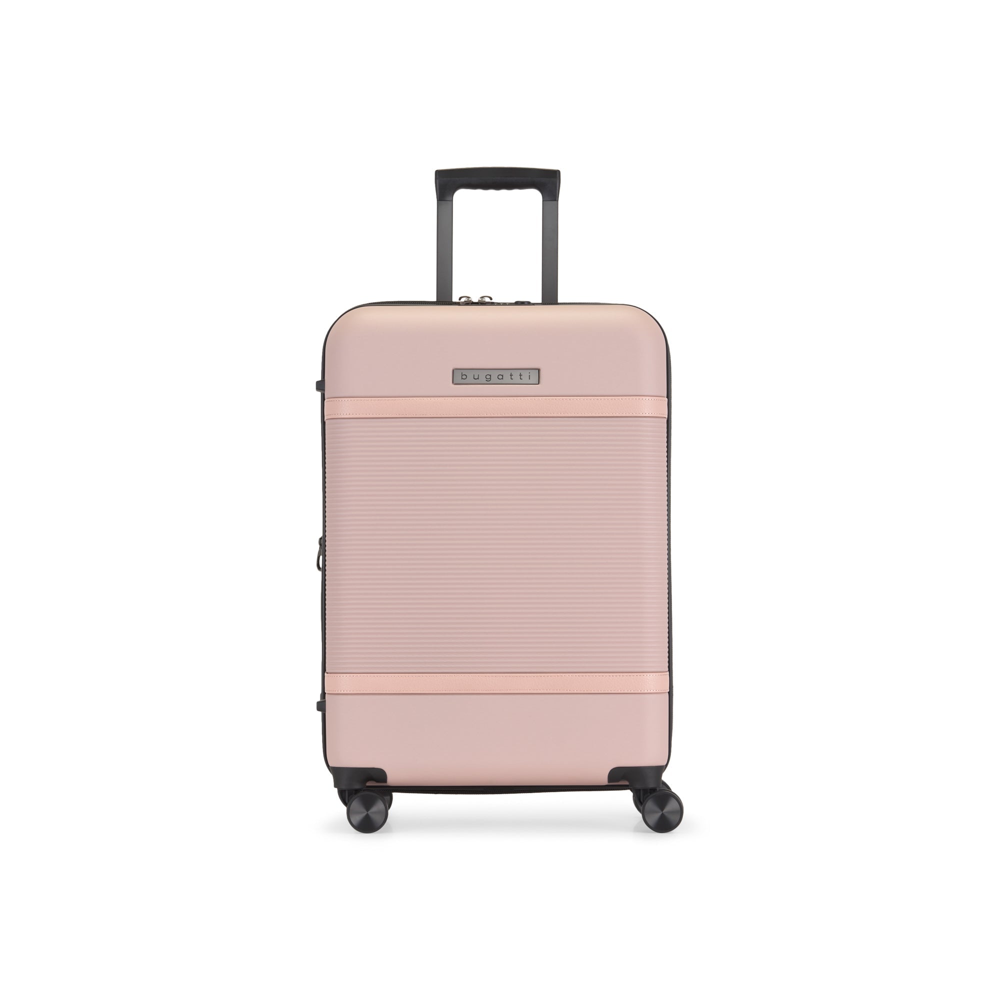 Pink suitcase with a visible brand logo on a white background