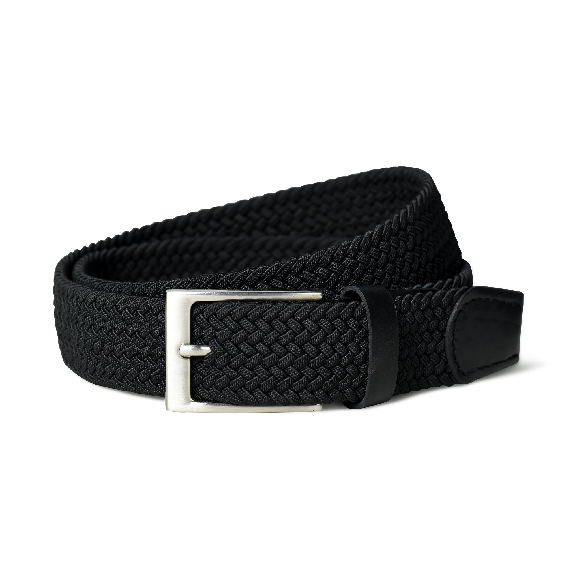 Black woven belt with a silver buckle on a white background