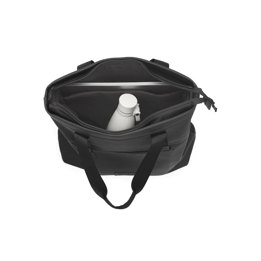 Black bag with a white bottle inside on a white background