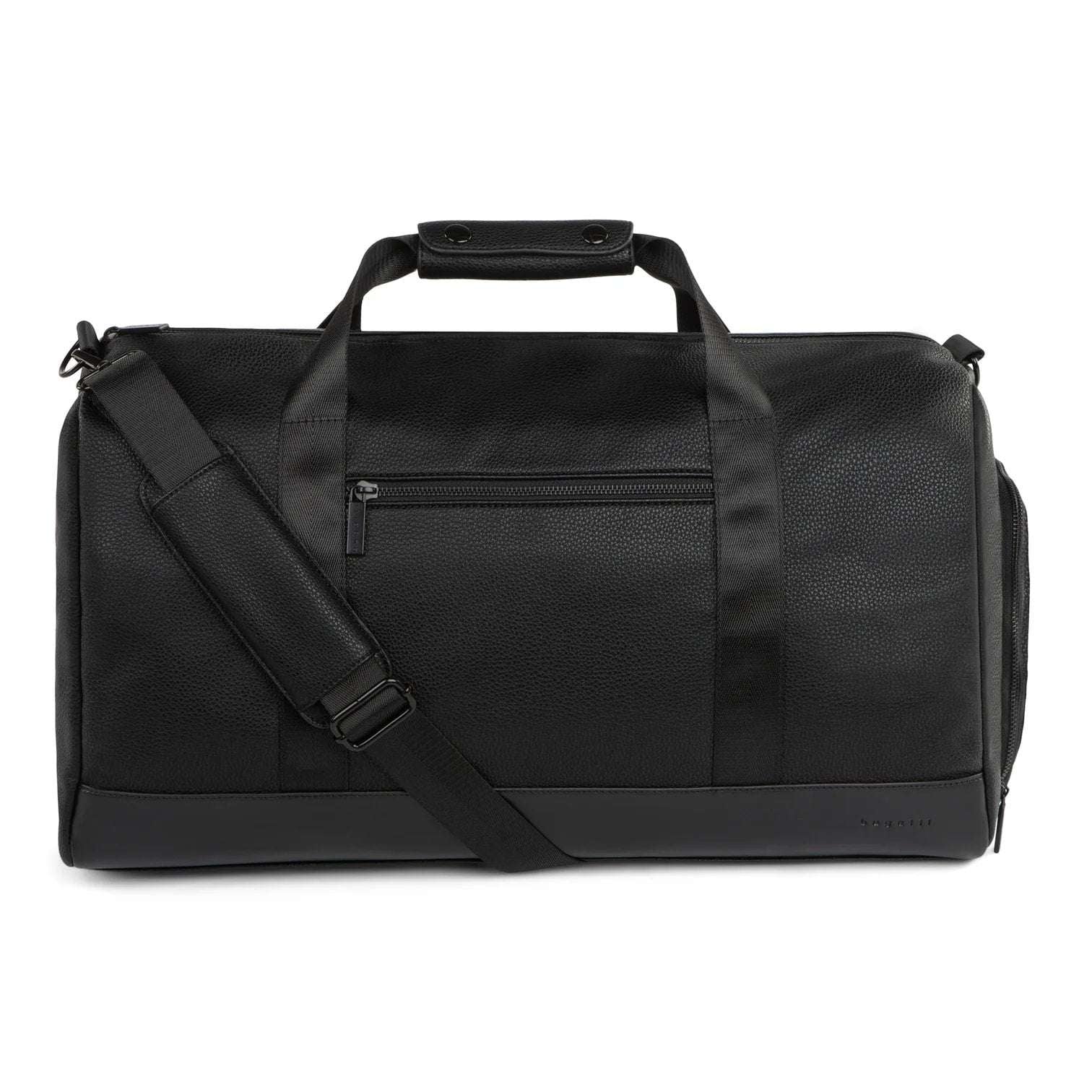 Black duffel bag with a shoulder strap on a white background
