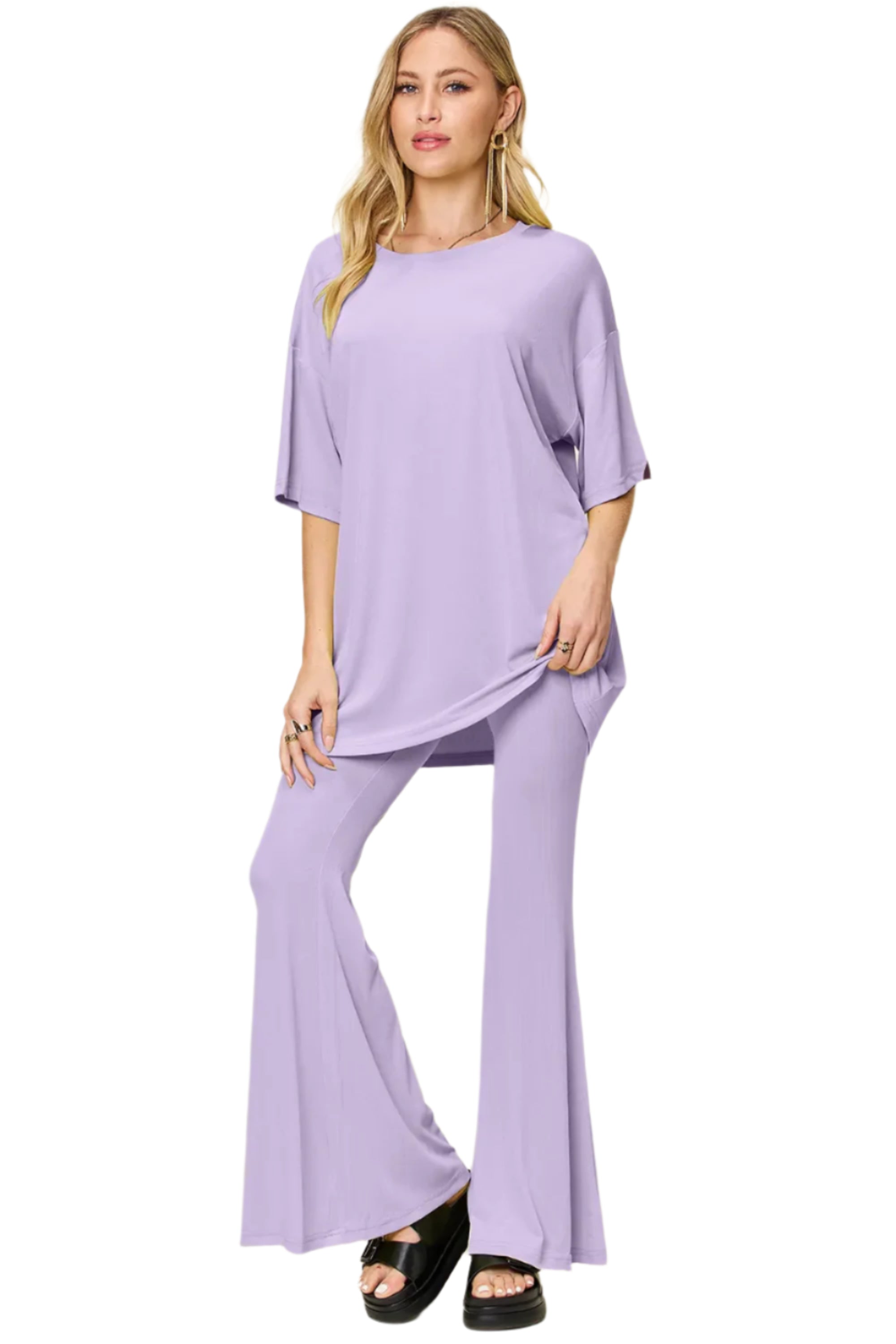 Double Take Full Size Round Neck Drop Shoulder T-Shirt and Flare Pants Set