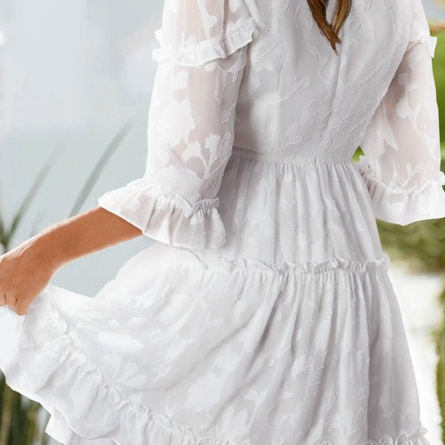 White Sheer Jacquard Ruffle Trim Half Sleeve Dress