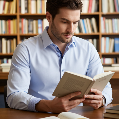 Man reading a book in a library setting