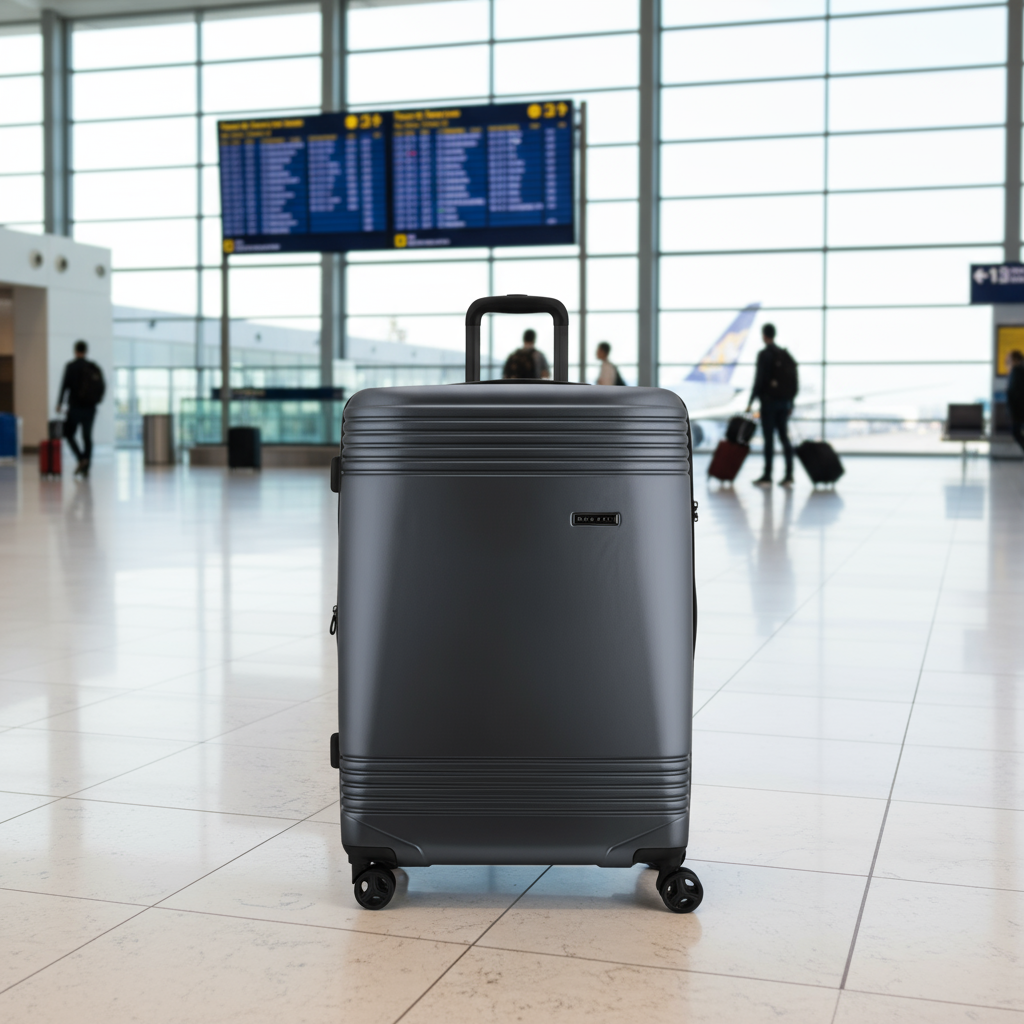 Black suitcase with a visible brand logo on a white background