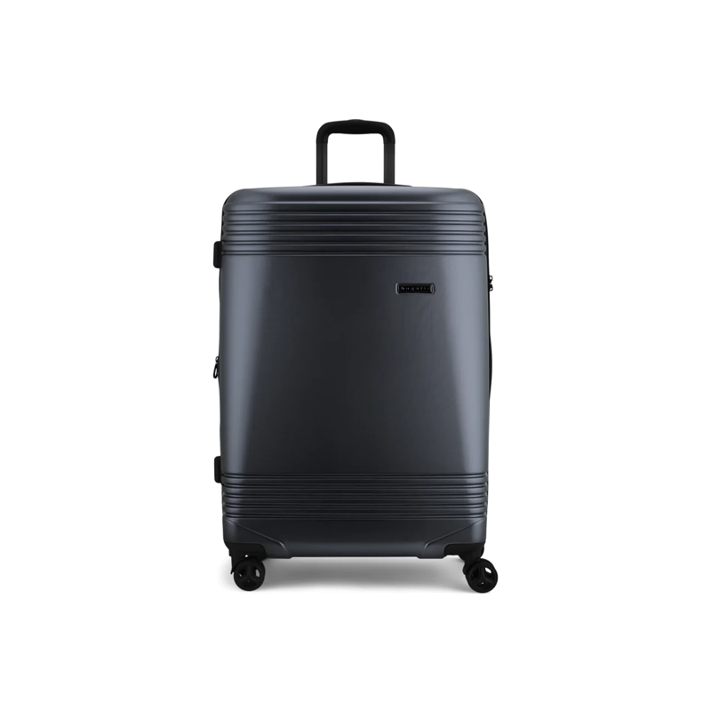 Black suitcase with a visible brand logo on a white background