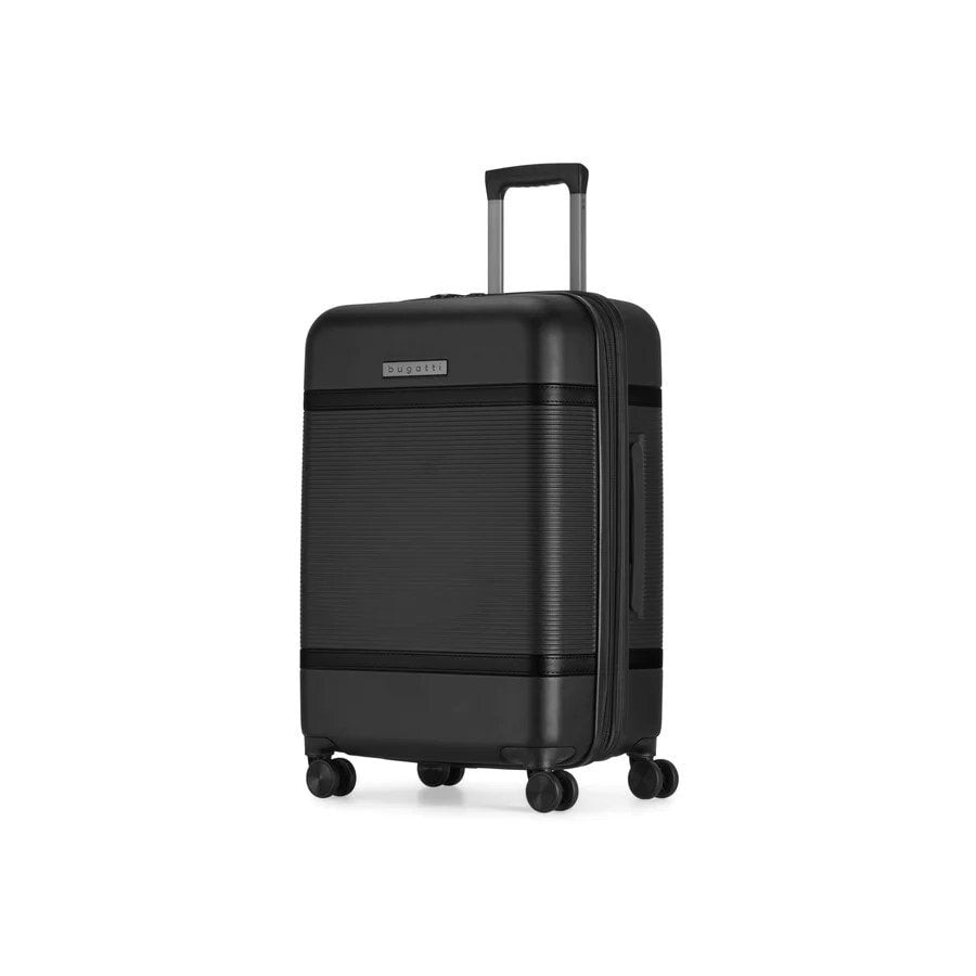 Black suitcase with a visible brand logo on a white background