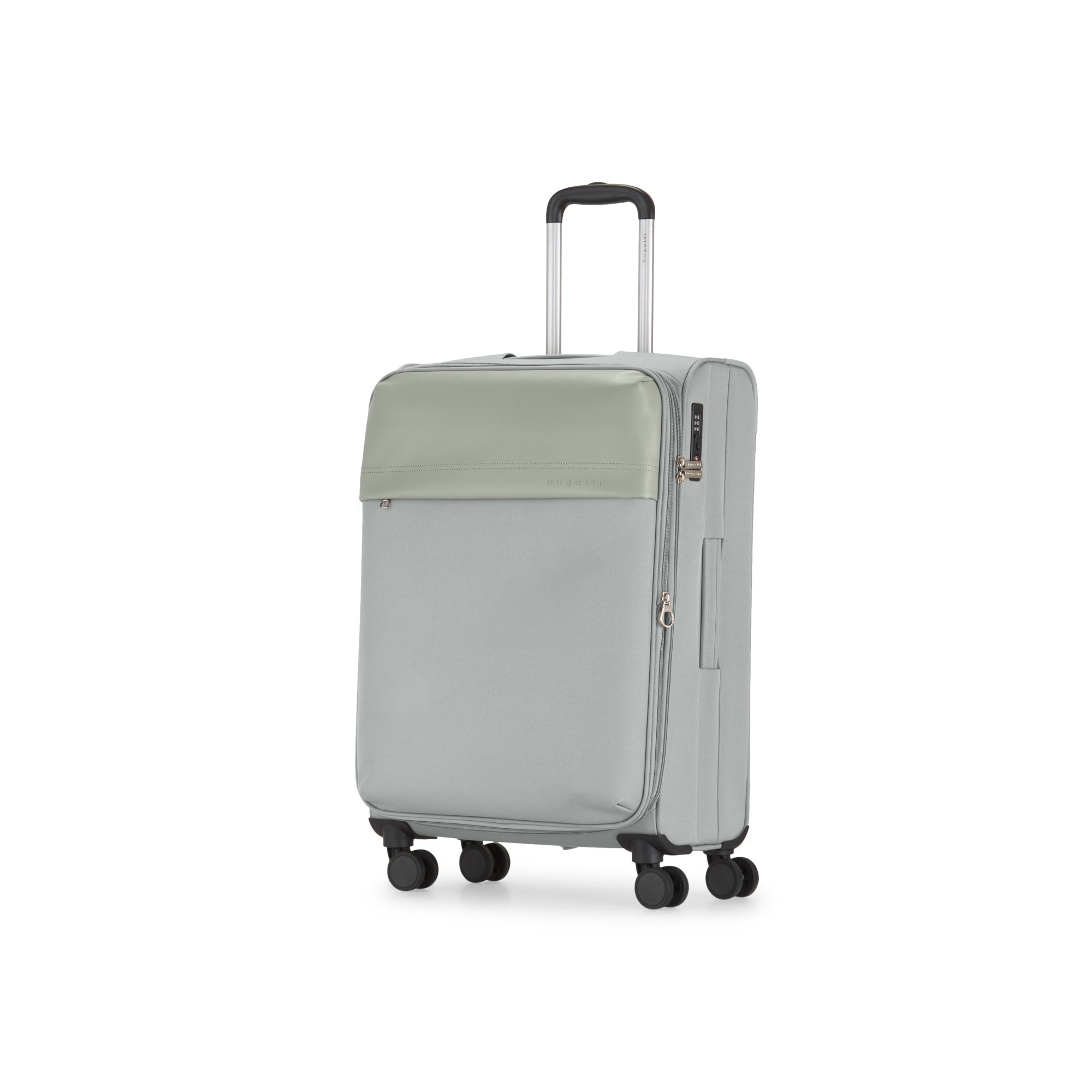 Gray suitcase with a handle on a white background