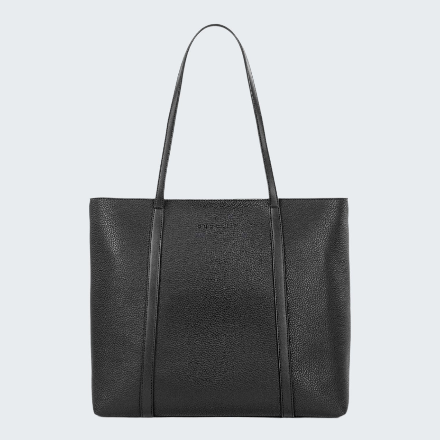 Black leather tote bag on a white background
