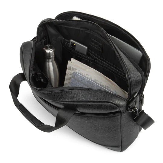 Black backpack with compartments containing a water bottle, phone, and documents on a white background