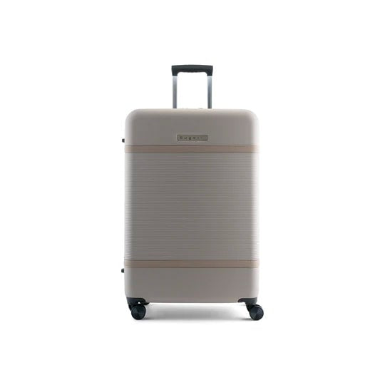 Beige suitcase with a brown band on a white background