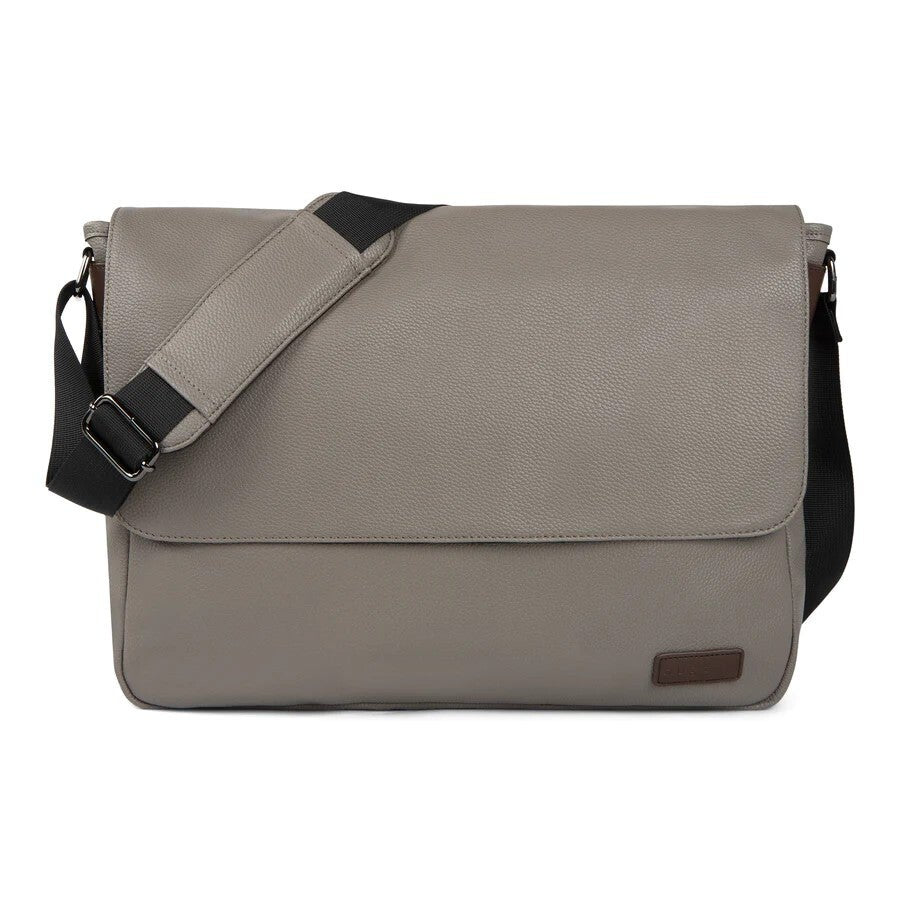 Gray messenger bag with a black strap on a white background