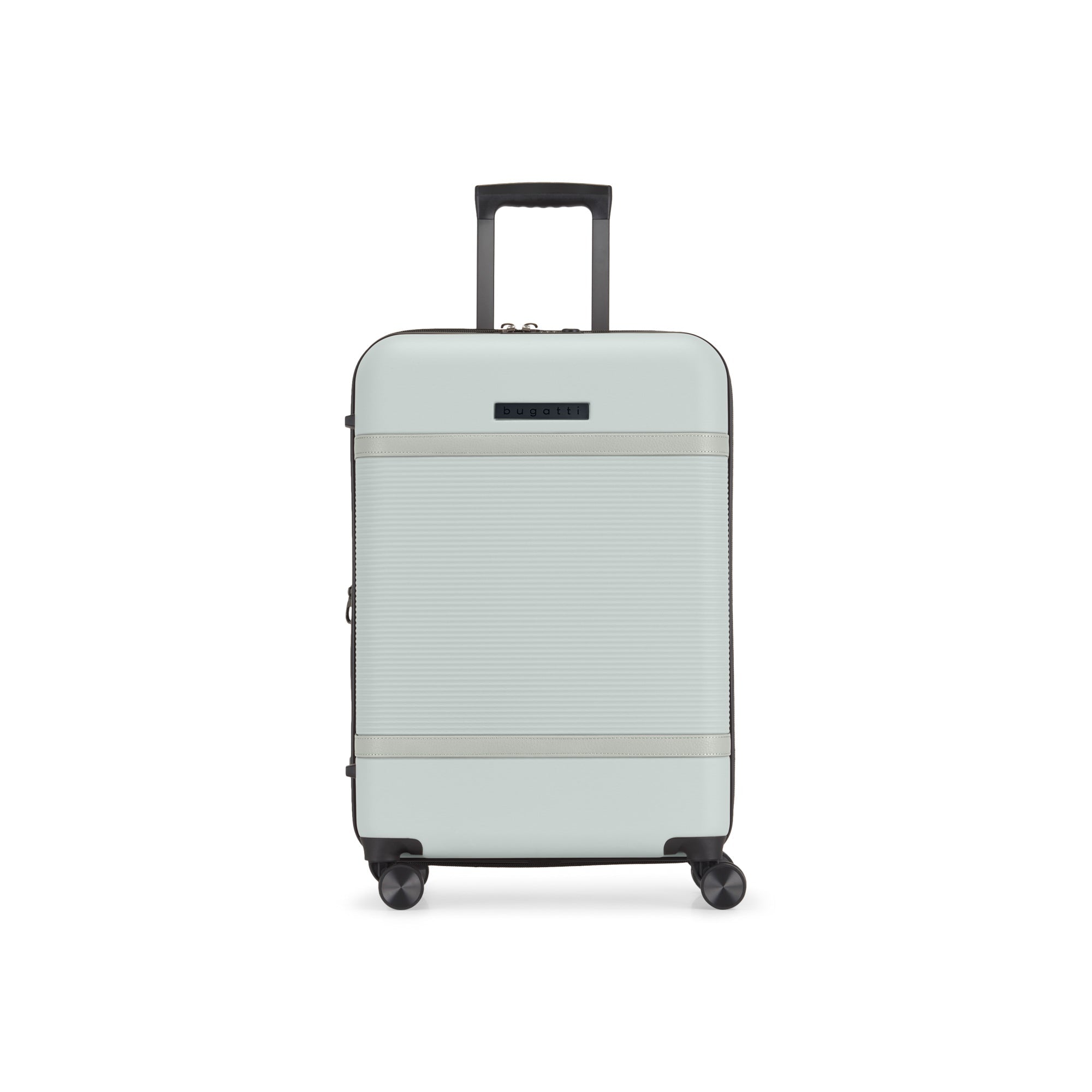 Light gray suitcase with black wheels and handle on a white background