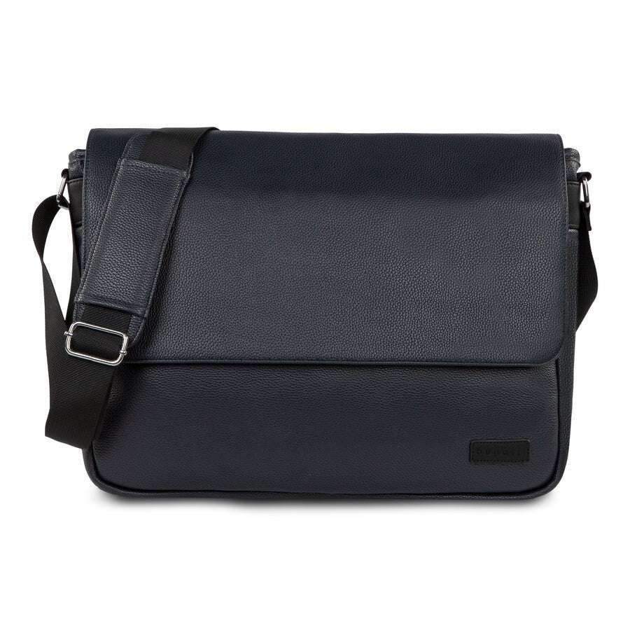 Black leather messenger bag on a white background