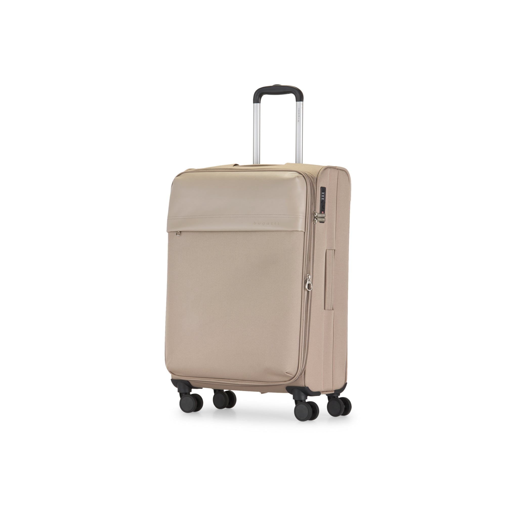 Beige suitcase with wheels on a white background