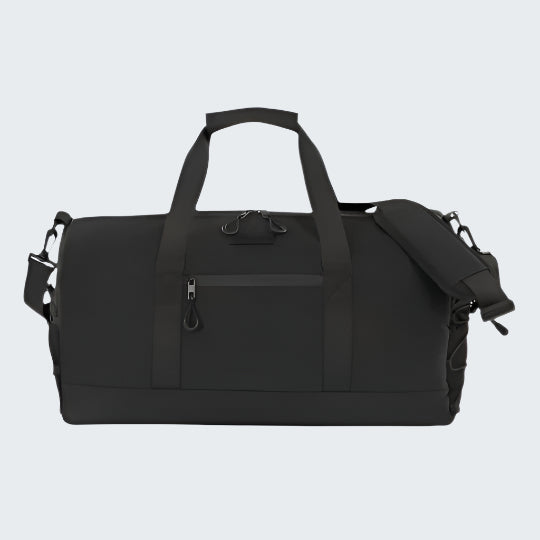 Black duffel bag on a white background