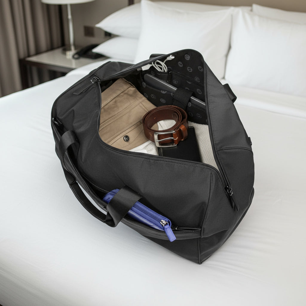 Black duffel bag with various items including a belt and a blue item on a white background