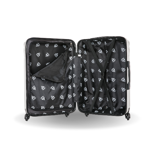 Black suitcase with white geometric pattern on a white background