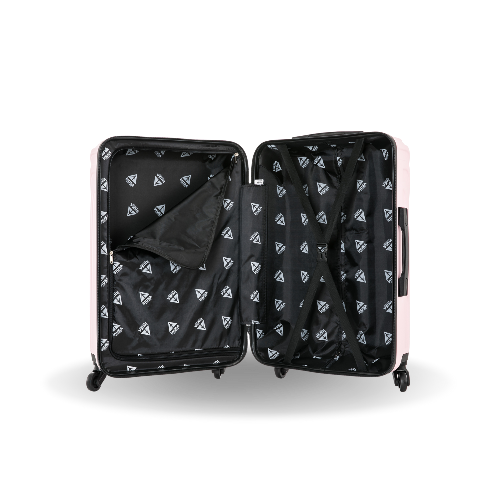 Open suitcase with black interior and pink exterior on a white background