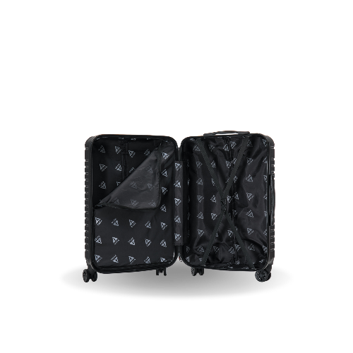 Black suitcase with patterned interior on a white background