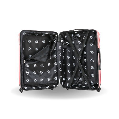 Open suitcase with black interior and patterned exterior on a white background