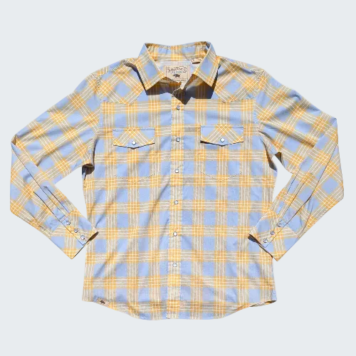Yellow and blue plaid shirt with a collar on a white background
