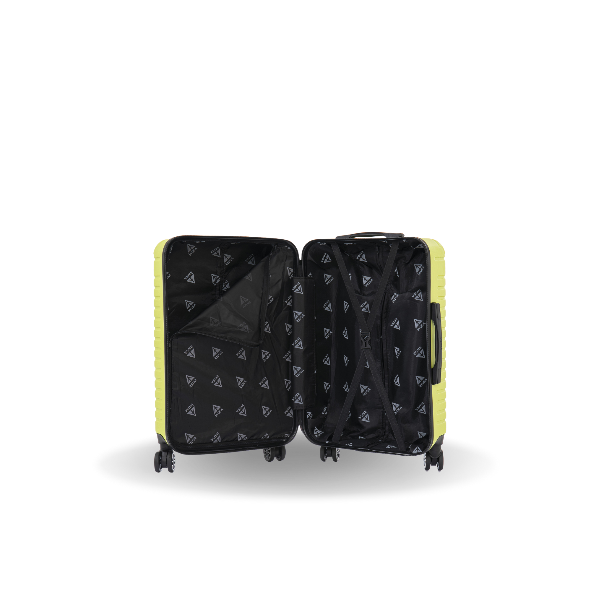 Open suitcase with black interior and yellow exterior on a white background