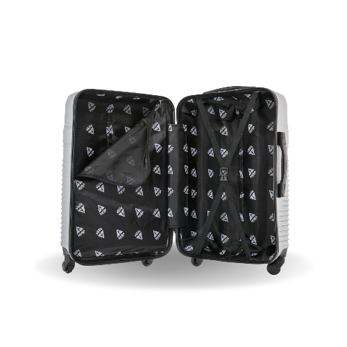 Black suitcase with geometric pattern on a white background