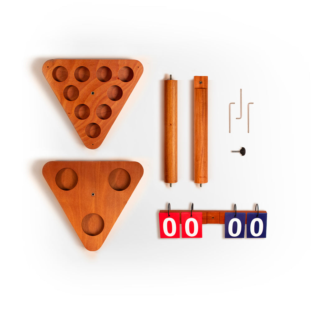 Wooden triangle-shaped game pieces and components on a white background