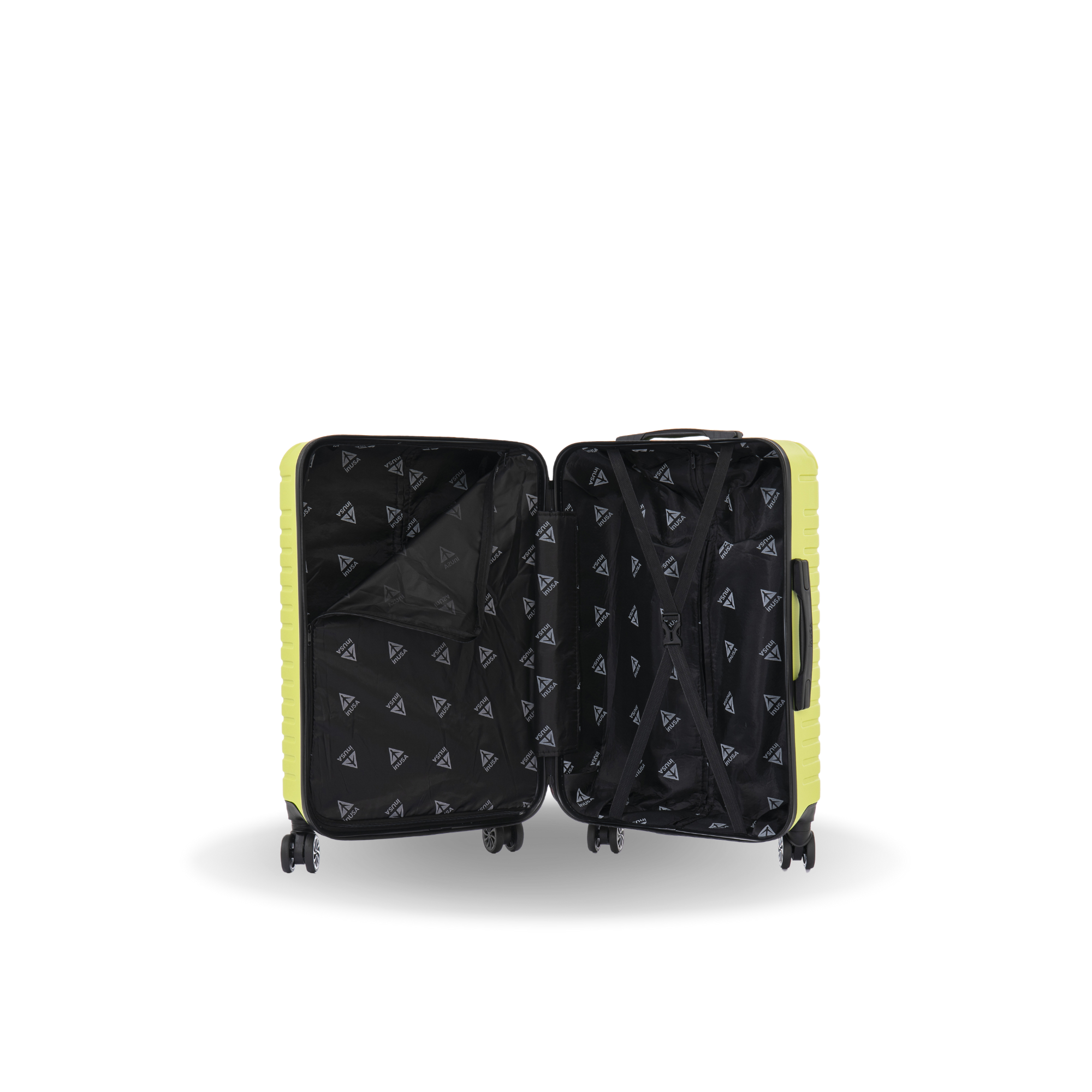 Open suitcase with black interior and yellow exterior on a white background