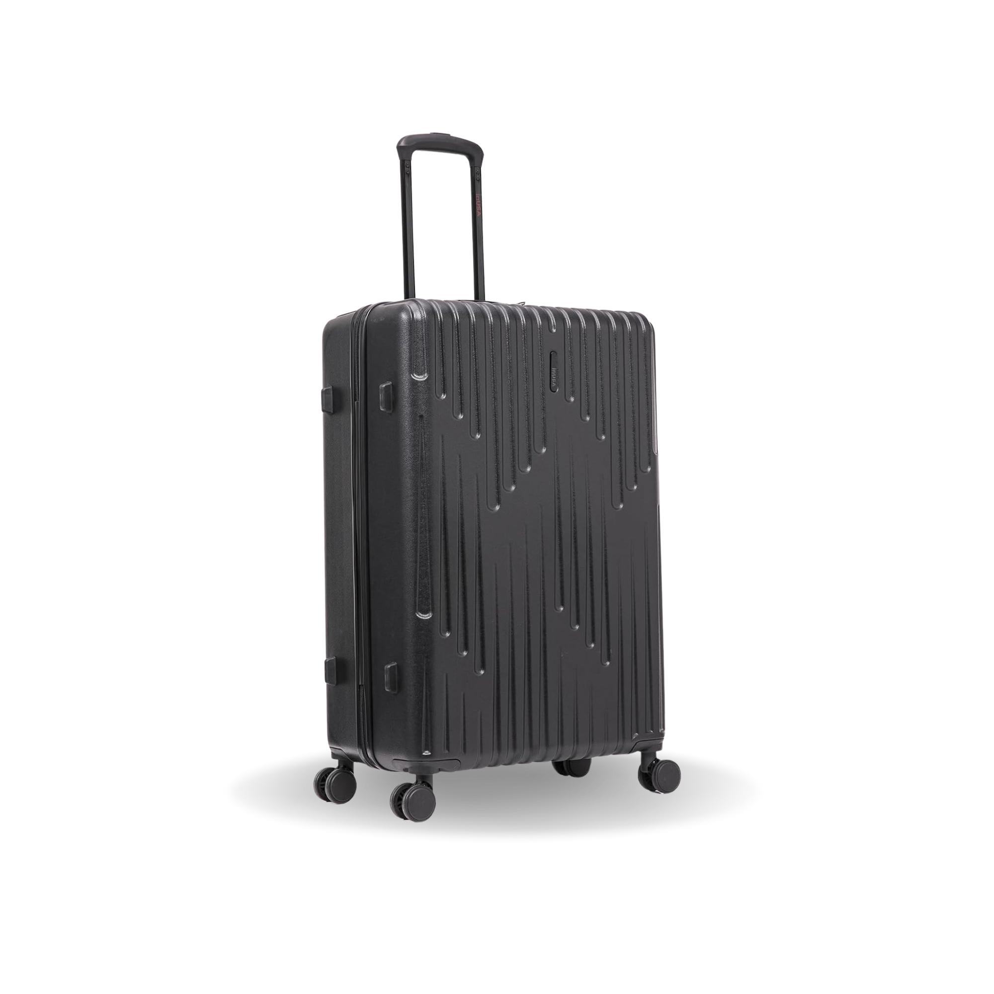 Black suitcase with wheels on a white background