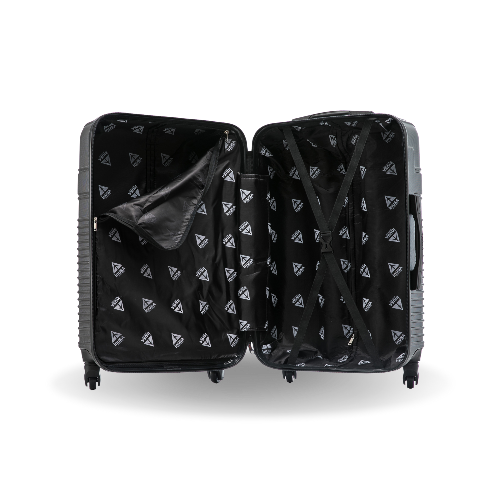 Black suitcase with open compartments on a white background