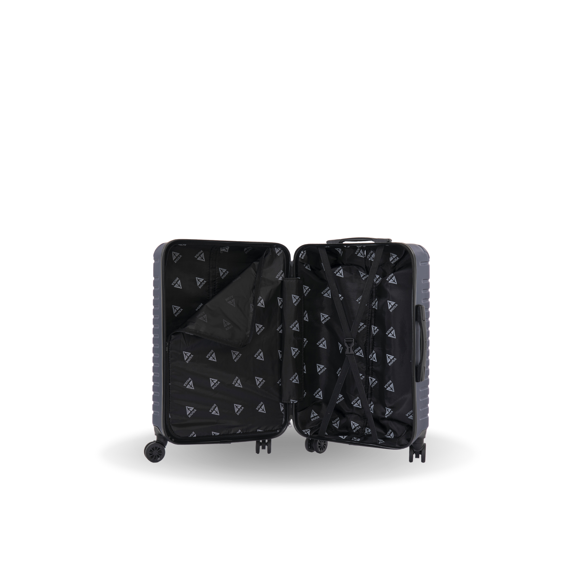 Black suitcase with open lid on a white background