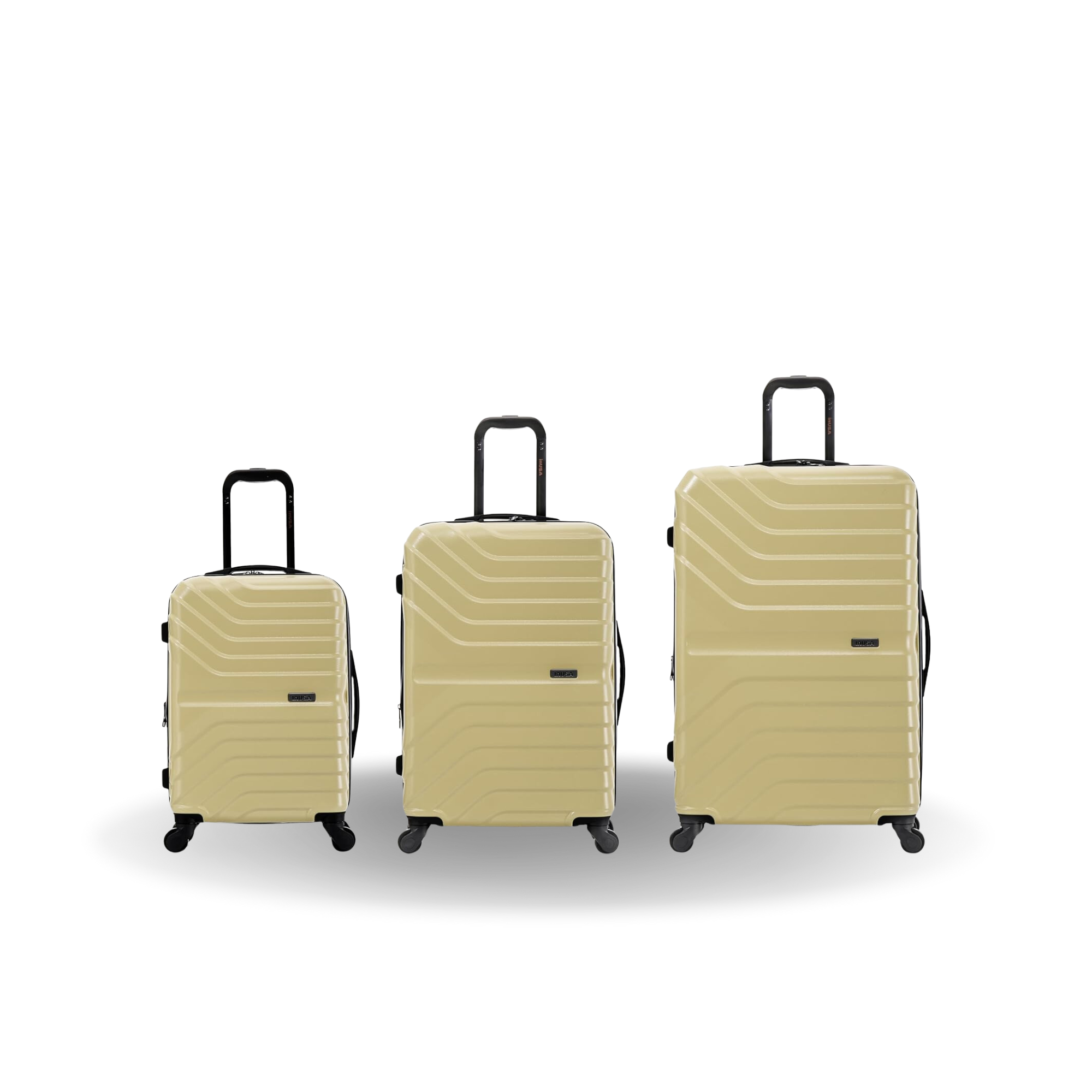 Three beige suitcases of different sizes on a white background