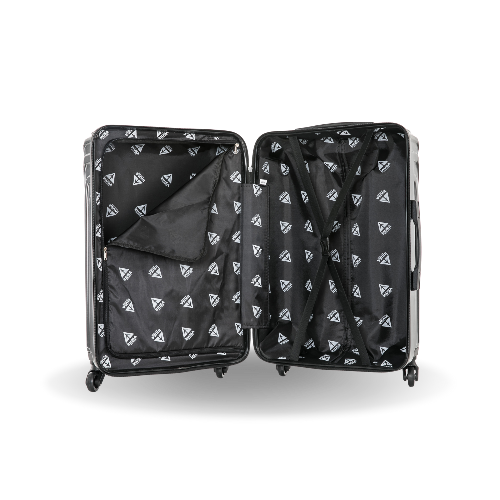 Black suitcase with geometric pattern on a white background