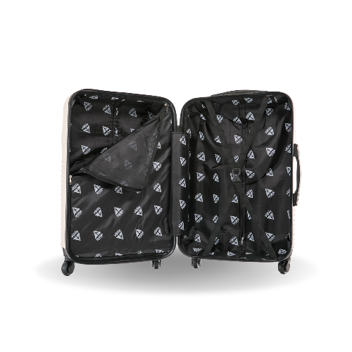 Black suitcase with triangle pattern open on a white background